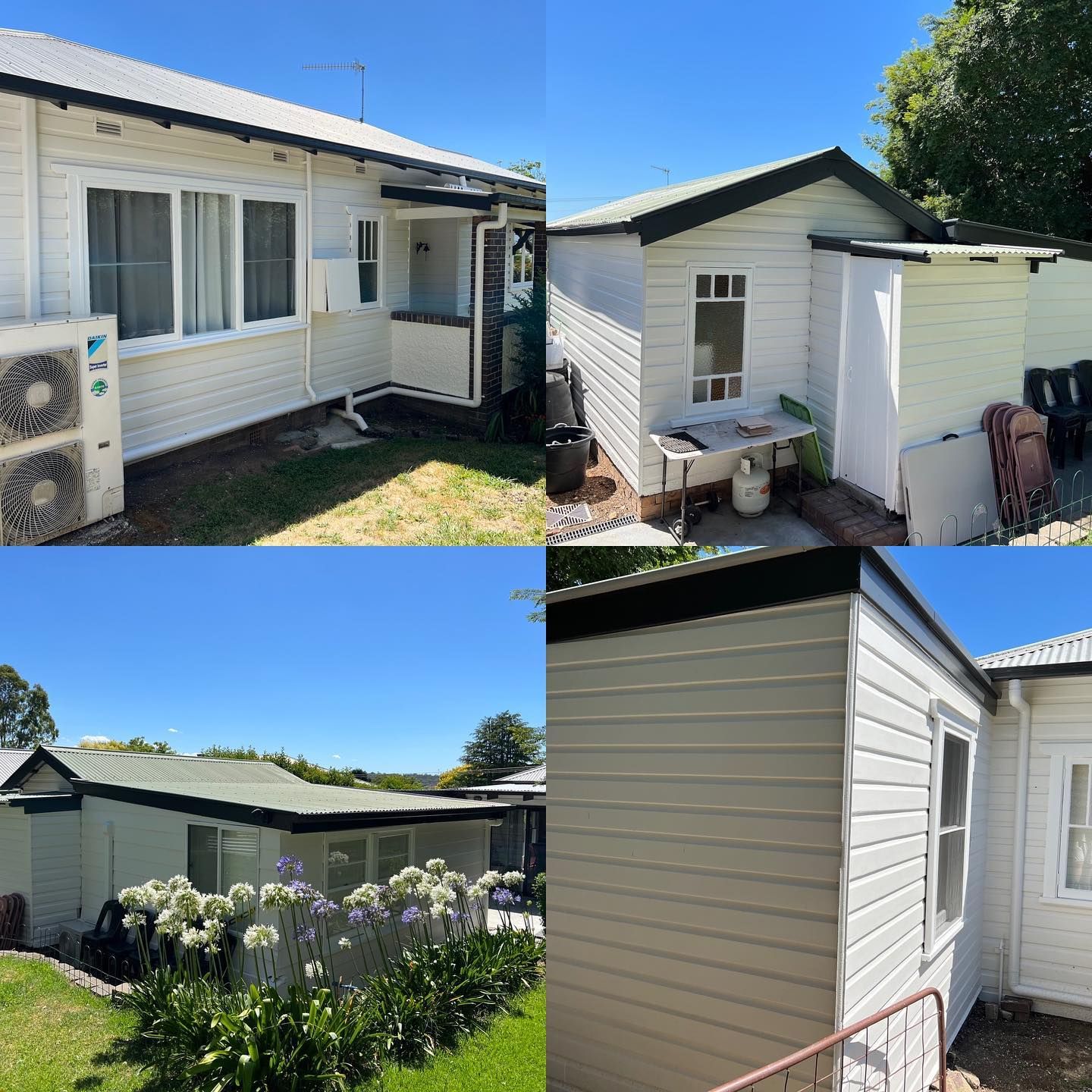 A collage of four pictures of a white house