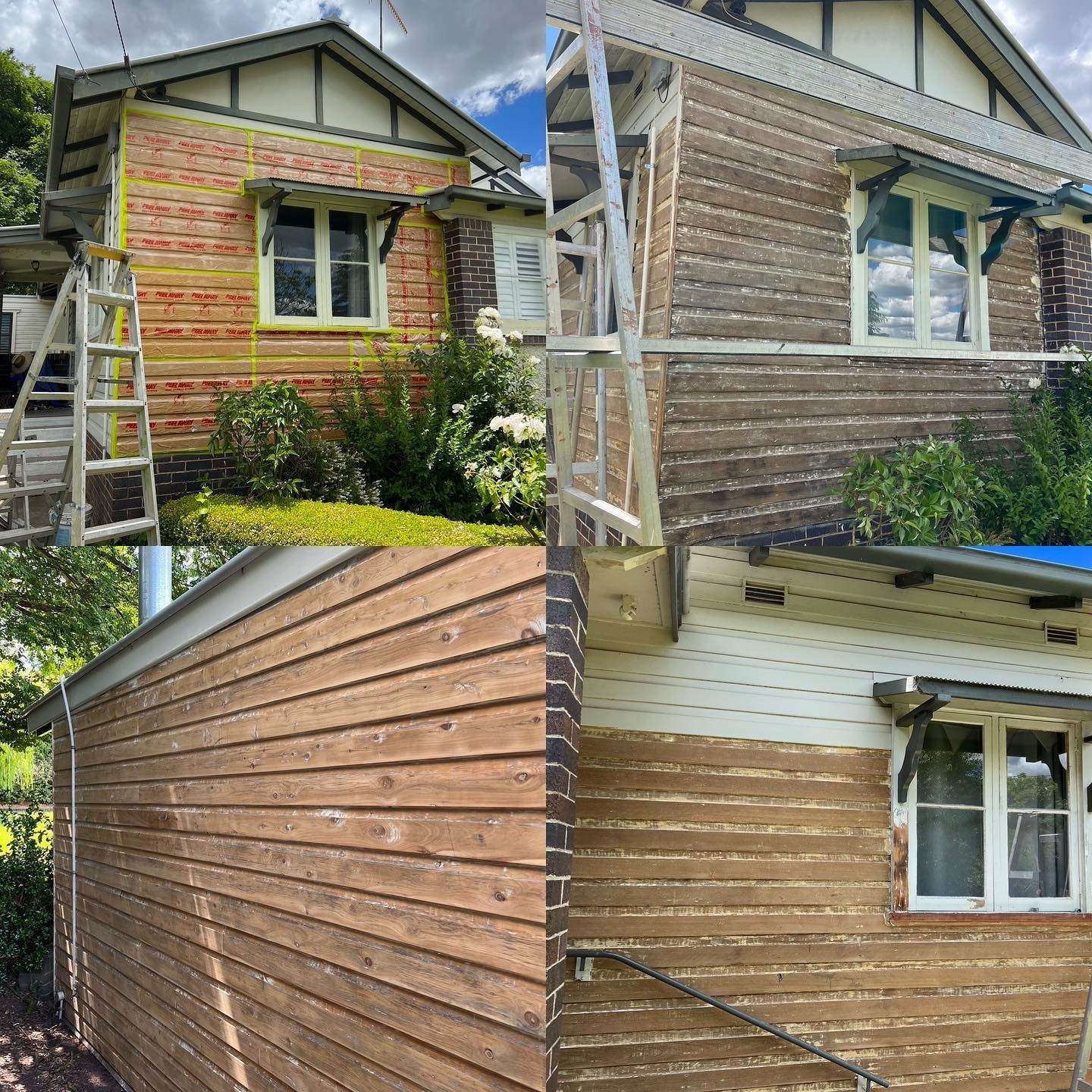 A collage of three pictures of a house before and after being painted