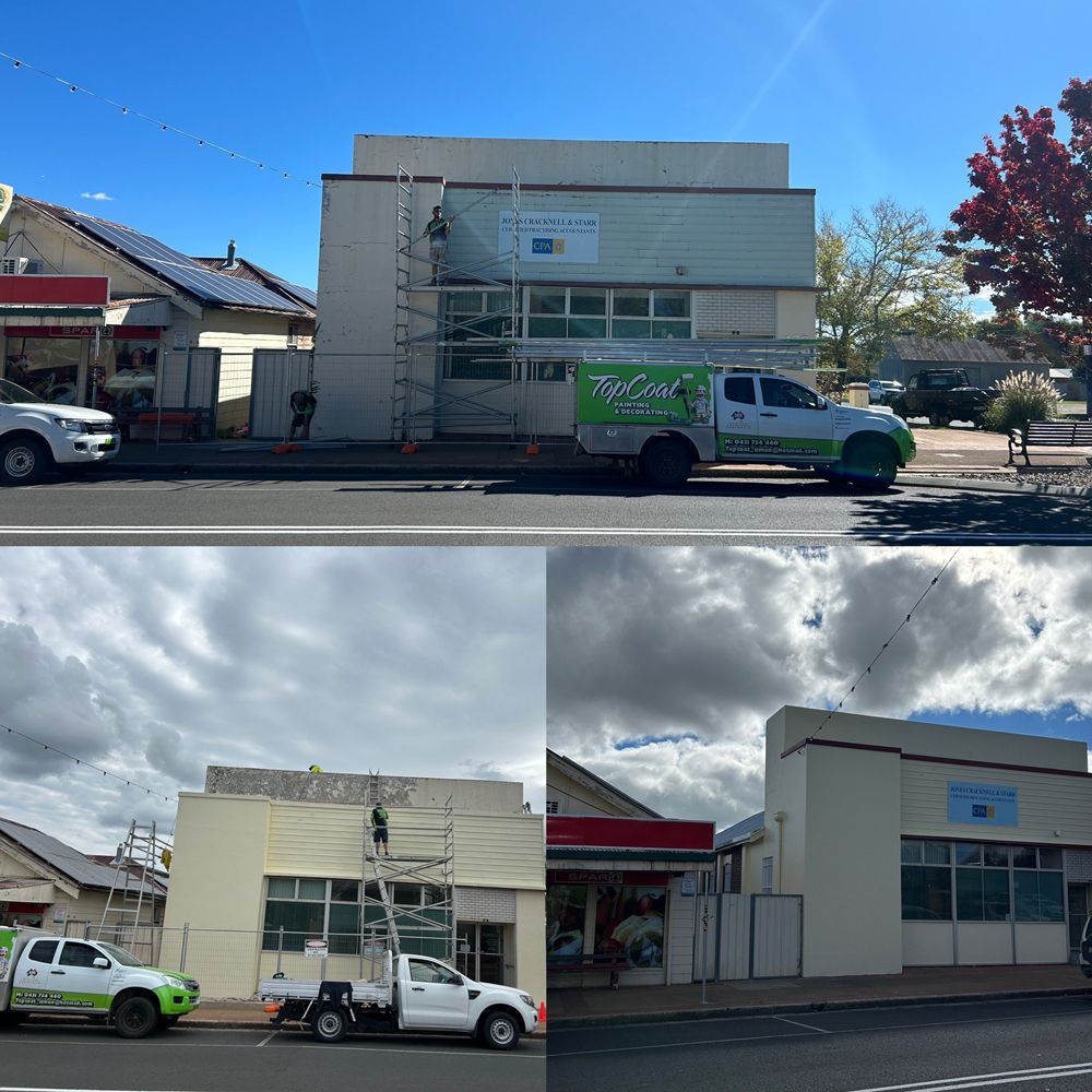 A collage of pictures of a building being painted