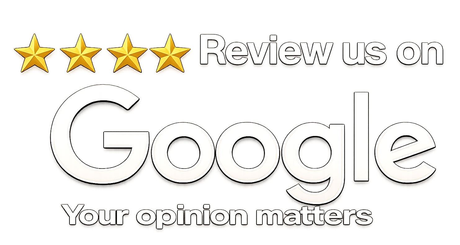 Gold stars above “Review us on Google” text with “Your opinion matters” below