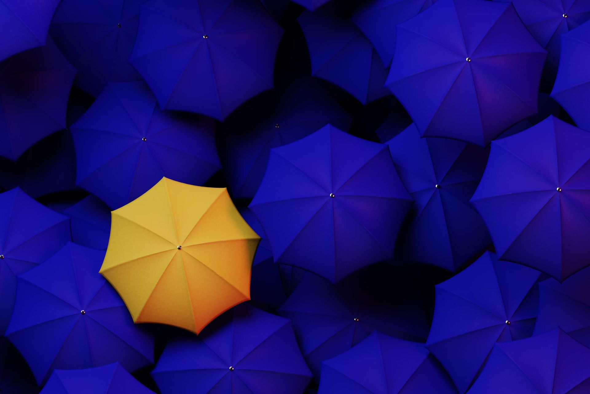 Group of blue umbrellas with a single yellow umbrella standing out, symbolizing insurance services.