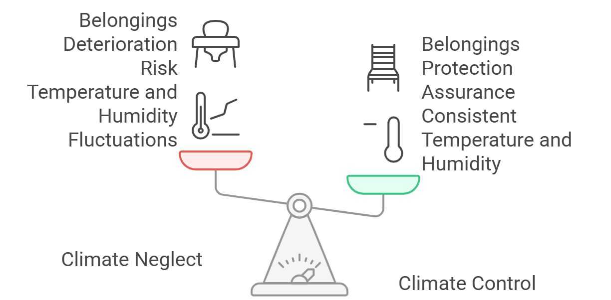 Climate-controlled storage benefits vs. non-climate storage risks for protecting furniture and valuables.