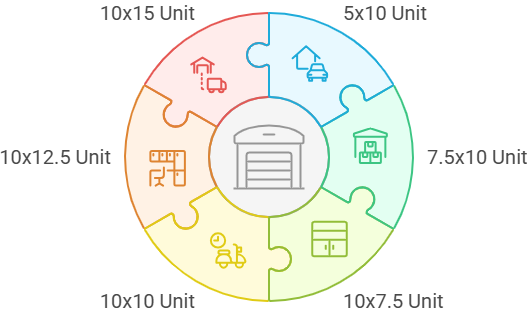 Infographic showing drive-up storage unit sizes at Vail Airport Storage, including 5x10, 7.5x10, 10x7.5, 10x10, 10x12.5, and 10x15 units, with icons representing vehicles, homes, and equipment.