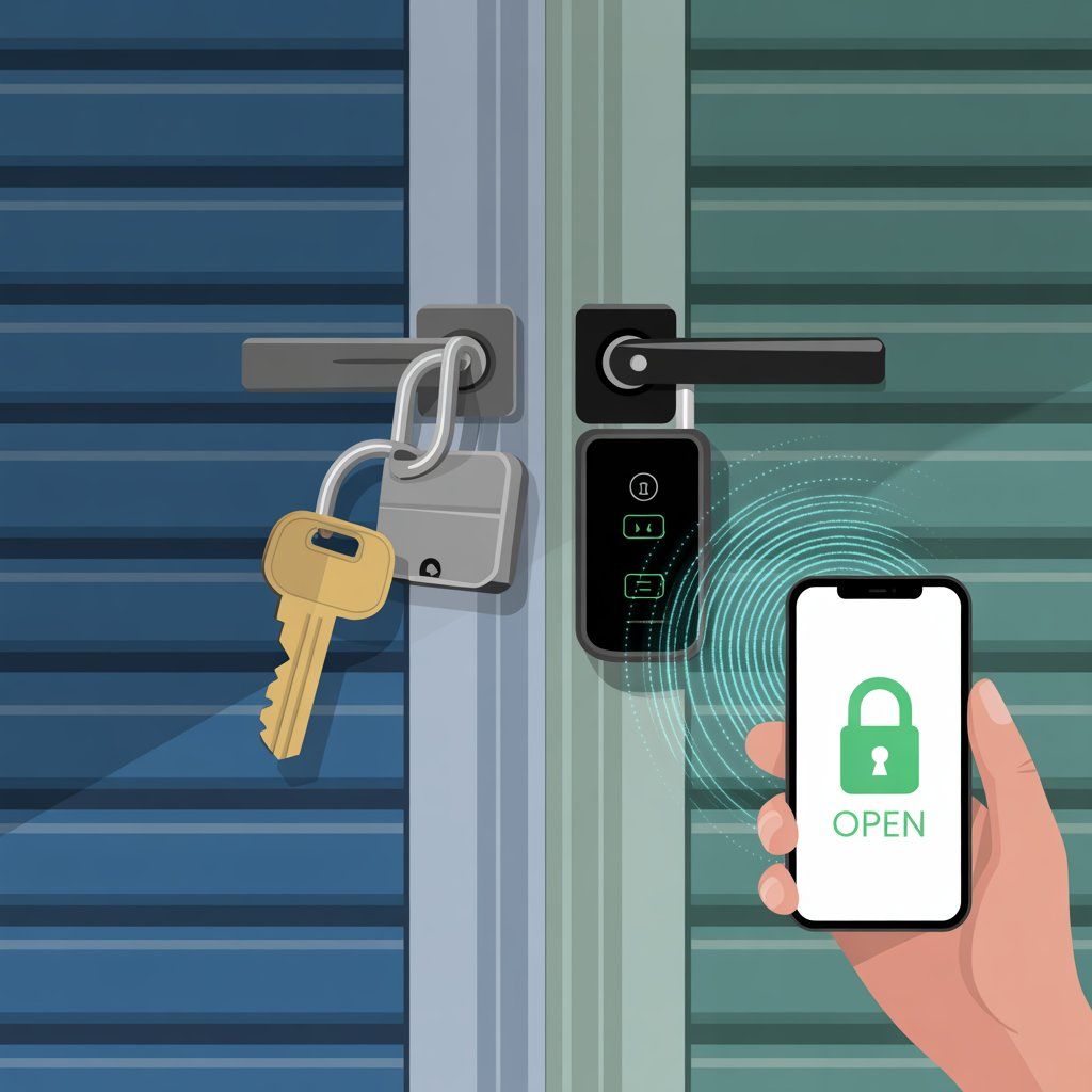Traditional padlock vs smart lock technology comparison - storage revolution in Gypsum Colorado