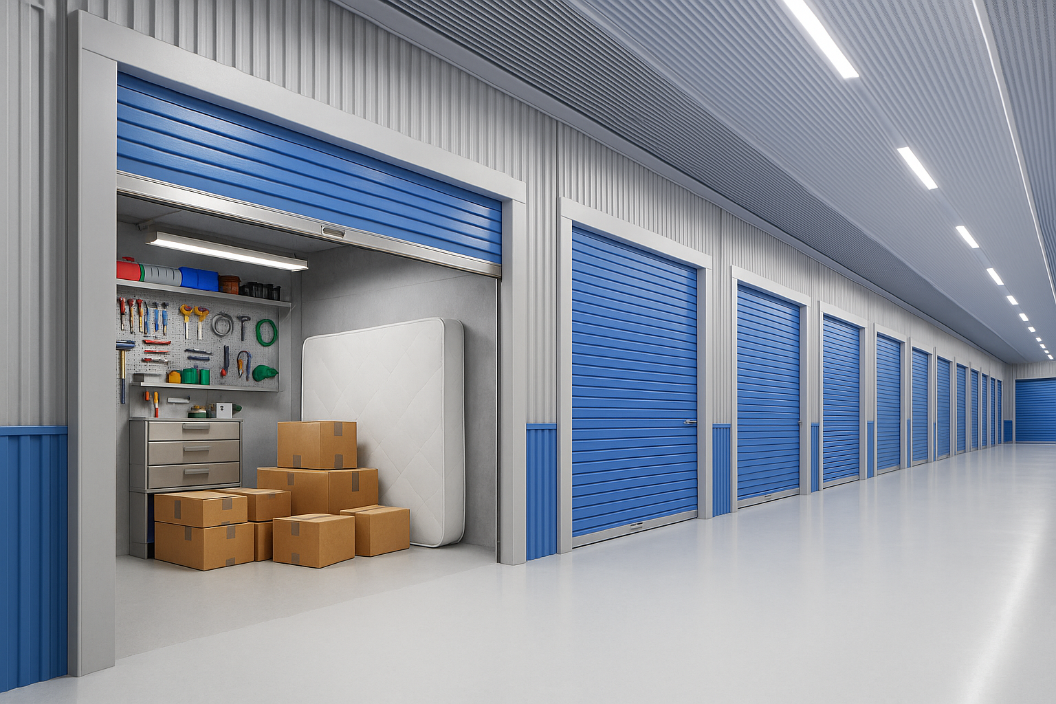 Open storage unit filled with boxes, tools, and a mattress in a clean facility