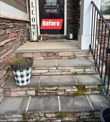 A stone entrance with steps and a potted plant, labeled