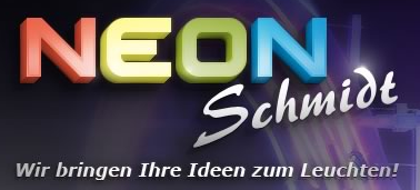Logo von Neon Schmidt mit buntem 3D-Text und dem Slogan „Wir bringen Ihre Ideen ans Licht!“