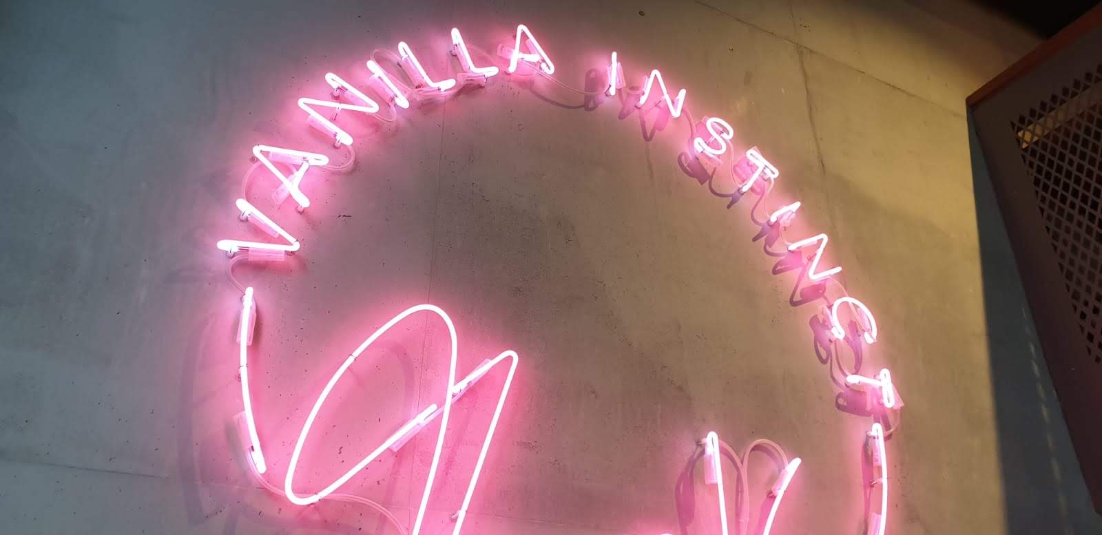 Neonschild mit „VANILLA INSTINCT“ in Pink an einer Wand.