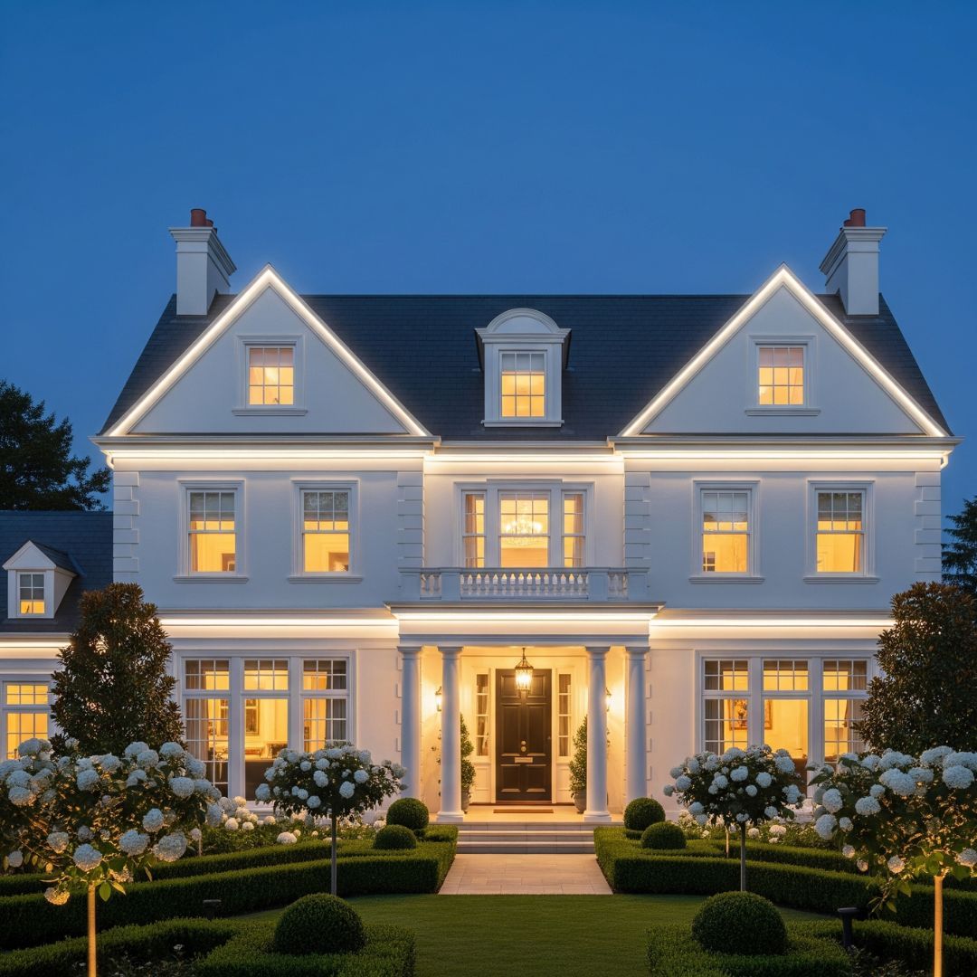 Elegant and classic white permanent lighting enhances a home's architectural beauty and everyday curb appeal.