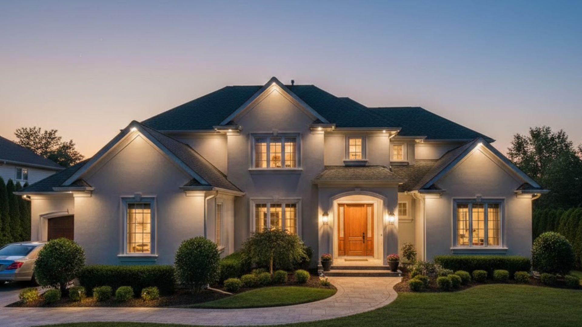 A beautiful suburban home illuminated at dusk by professional permanent architectural lighting along
