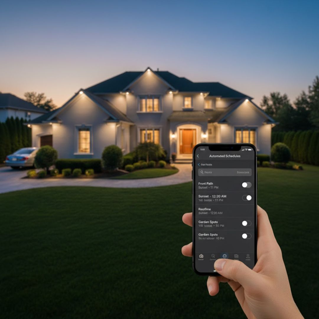 A person using a smartphone app to program automated schedules for their home's exterior lighting.