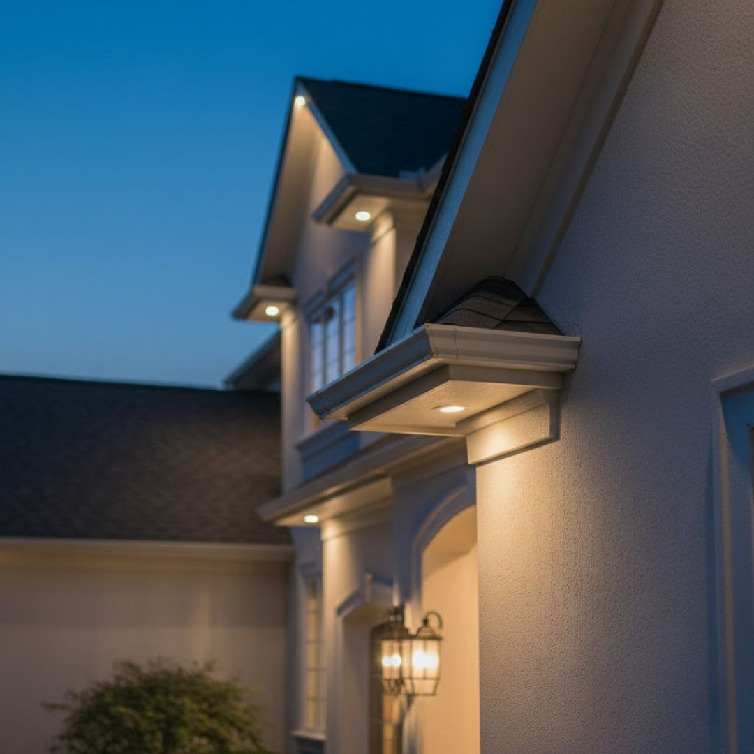 A detailed view of a professional permanent lighting installation integrated seamlessly into the architecture of a home.