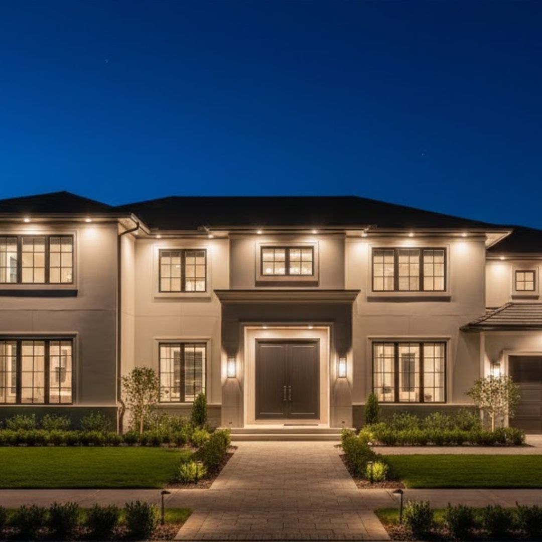 A bright and secure home exterior at night featuring consistent professional lighting for safety.