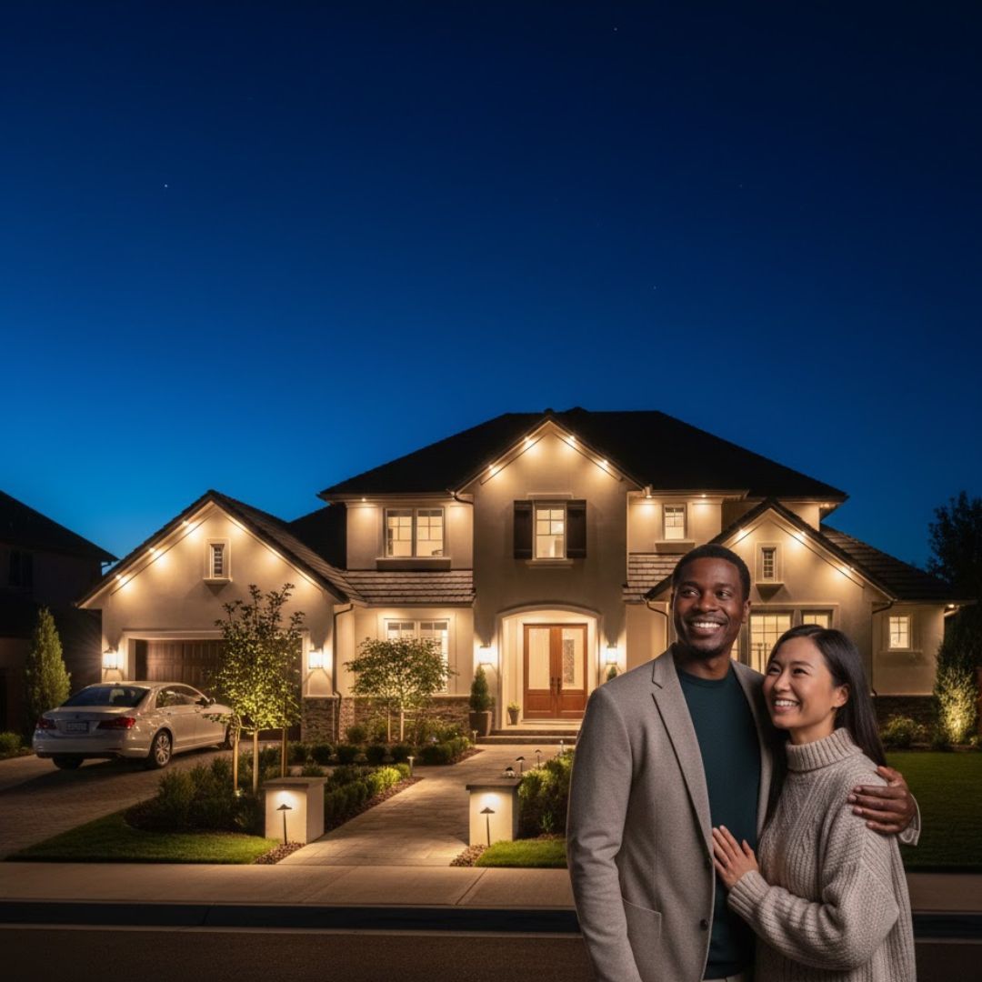 A happy couple admiring the curb appeal and charm of their professionally lit home at night.
