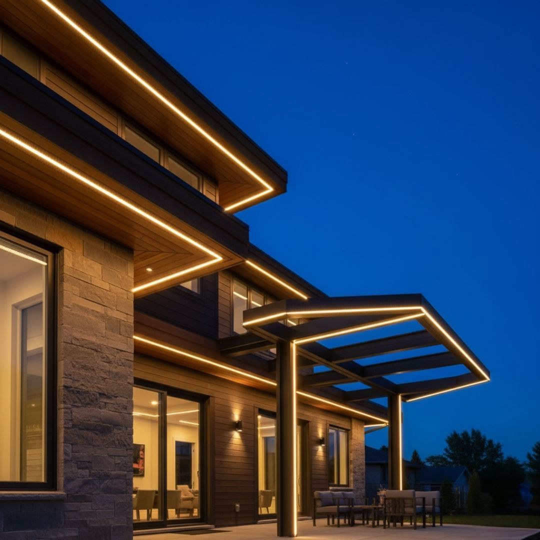 exterior of home lined with lights