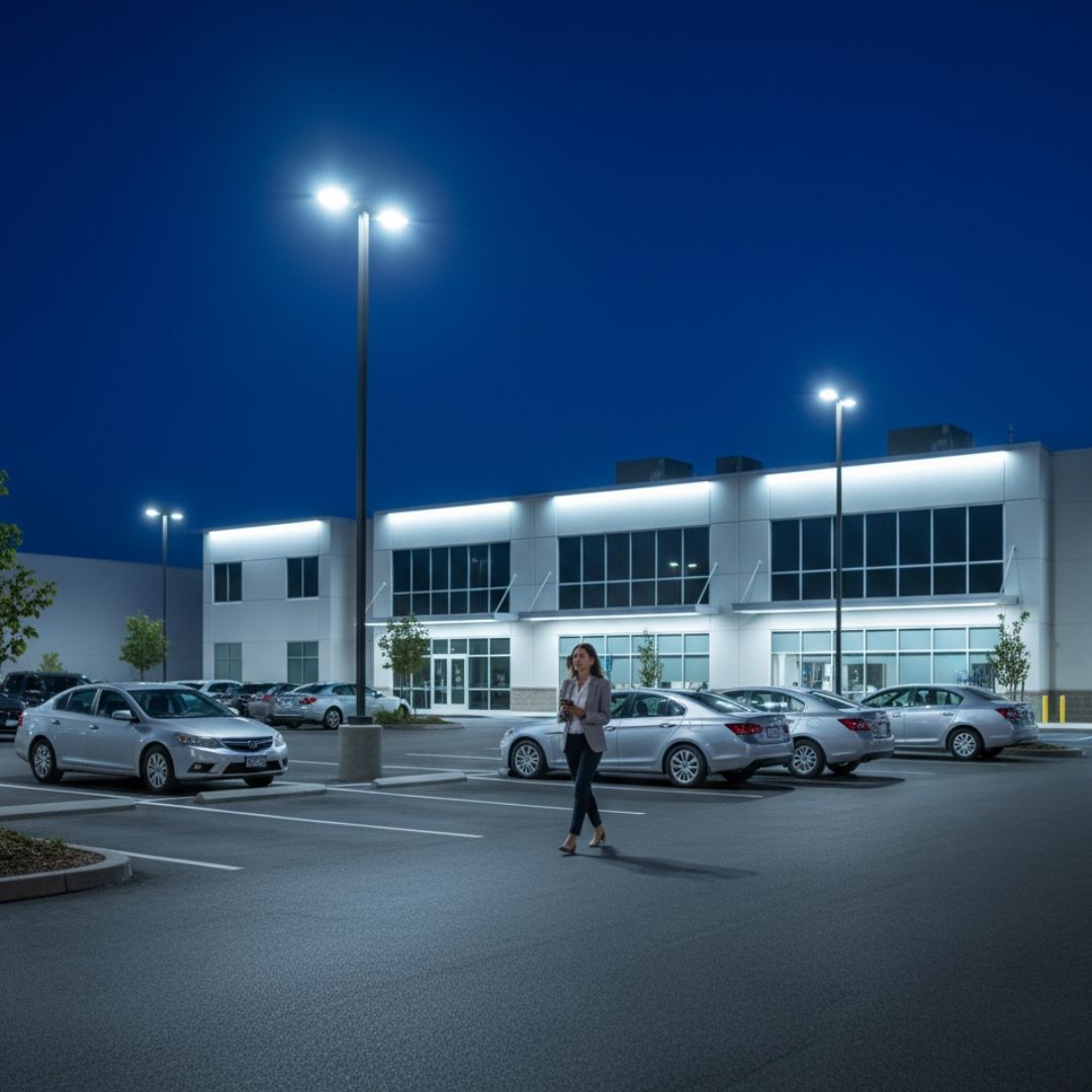Well-lit commercial parking lot at night, showing enhanced security