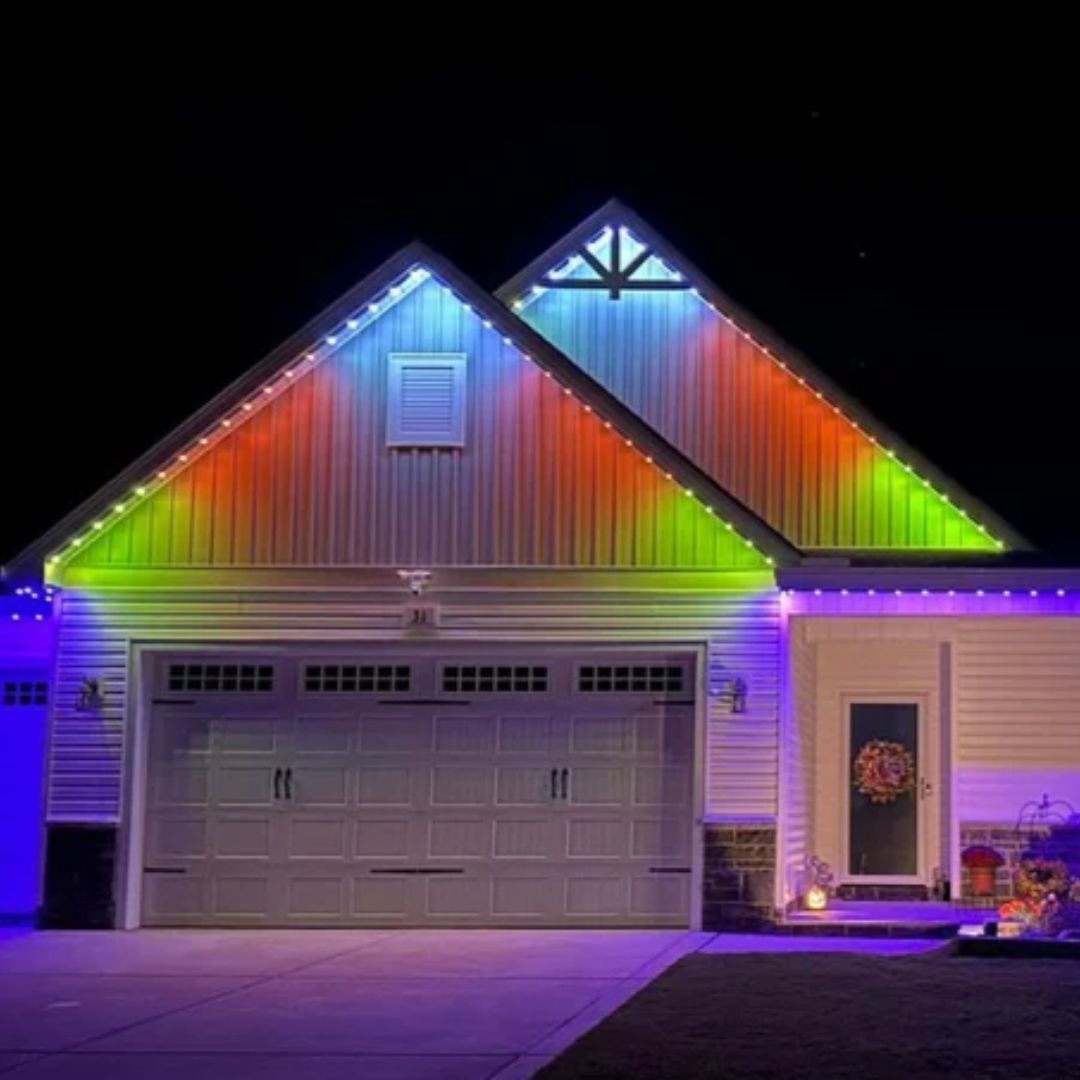 a house with rainbow lights