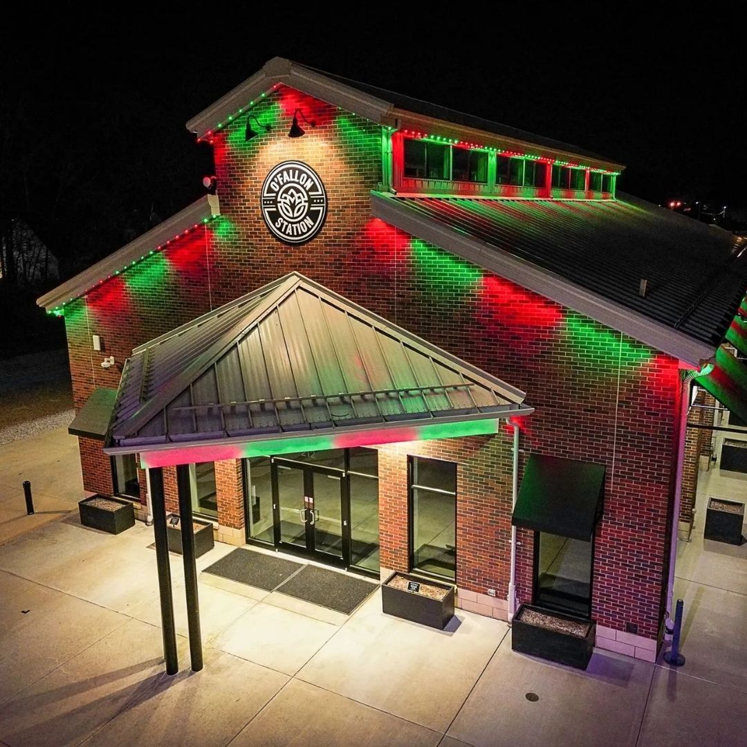 exterior of business with permanent holiday lights