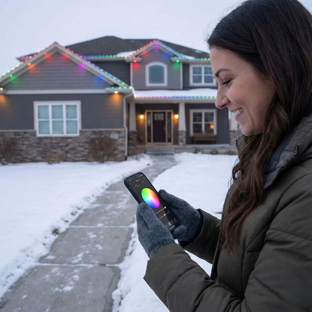 a woman adjusting her home lights using an app
