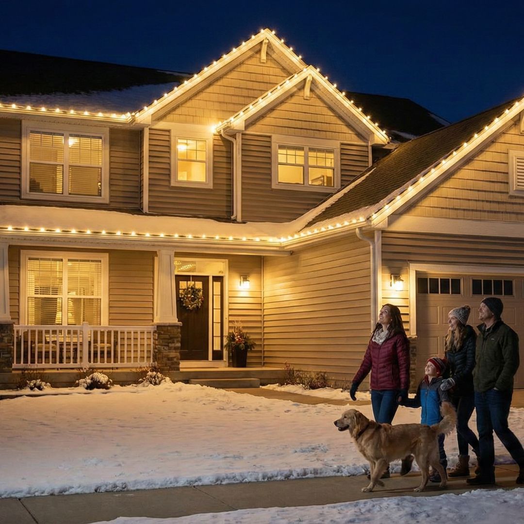 a family walking by a home with lights