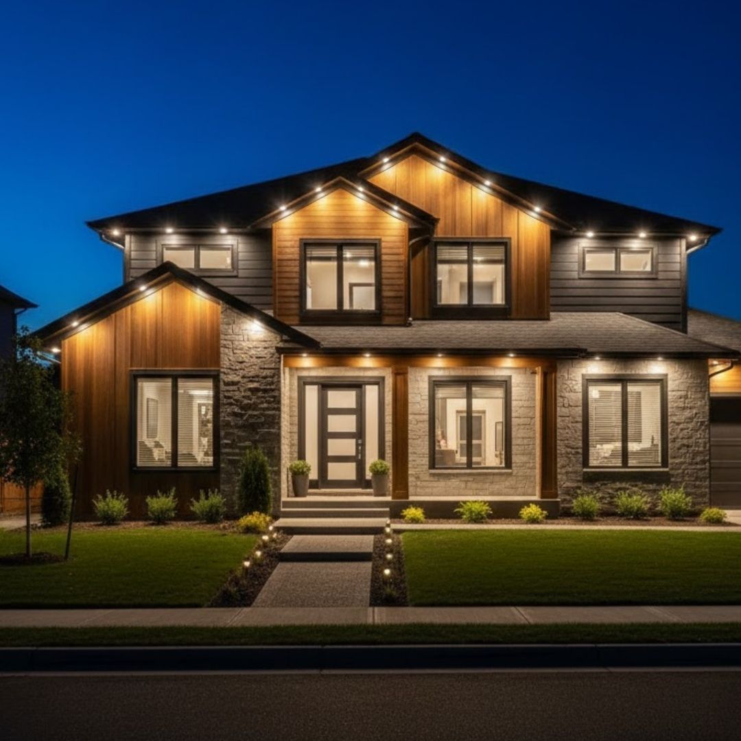 Modern home exterior with warm white accent and pathway lighting.