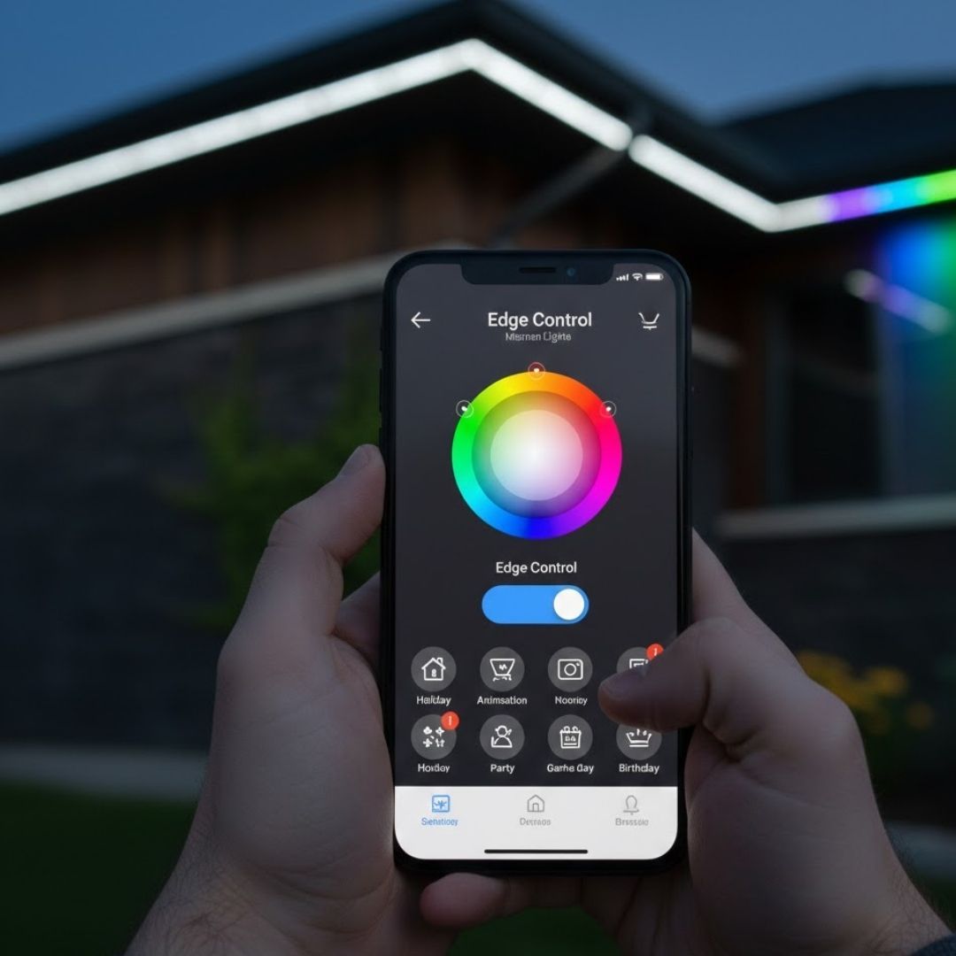 Smartphone app controlling color-changing exterior home lights.