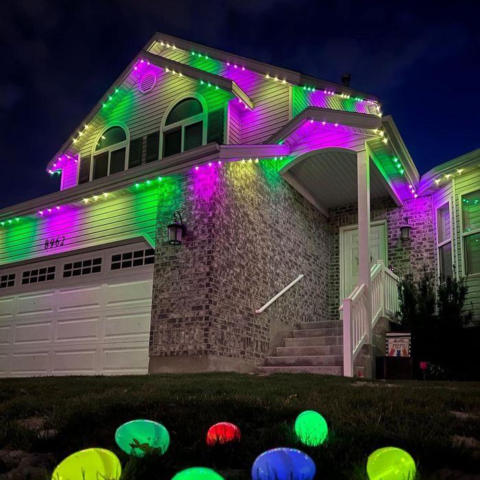 House with green and purple lights