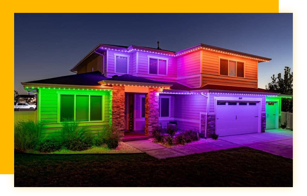 house lighting in bright solid blocks of color — lime, purple, orange