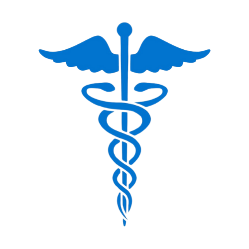 A blue caduceus medical symbol on a white background