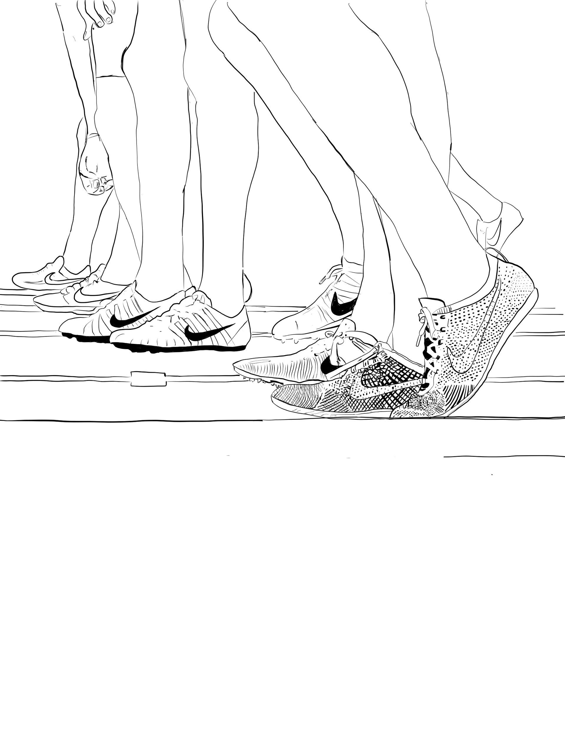 Feet of several people walking forward.