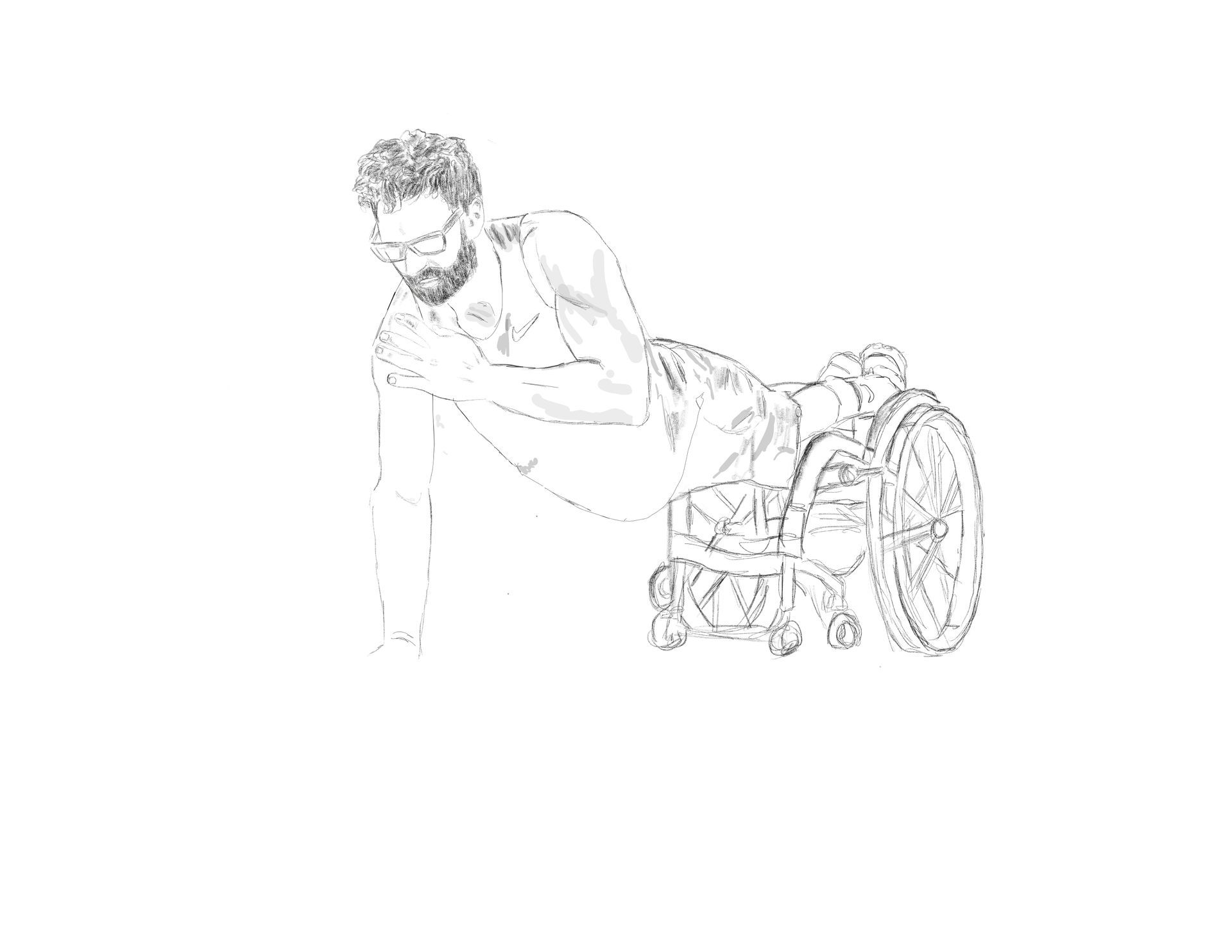 Man in a wheelchair doing a push-up with a focused expression.