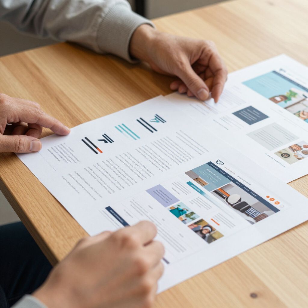 Person seated at a wooden table, reviewing printed documents with images and text, pointing at the page.