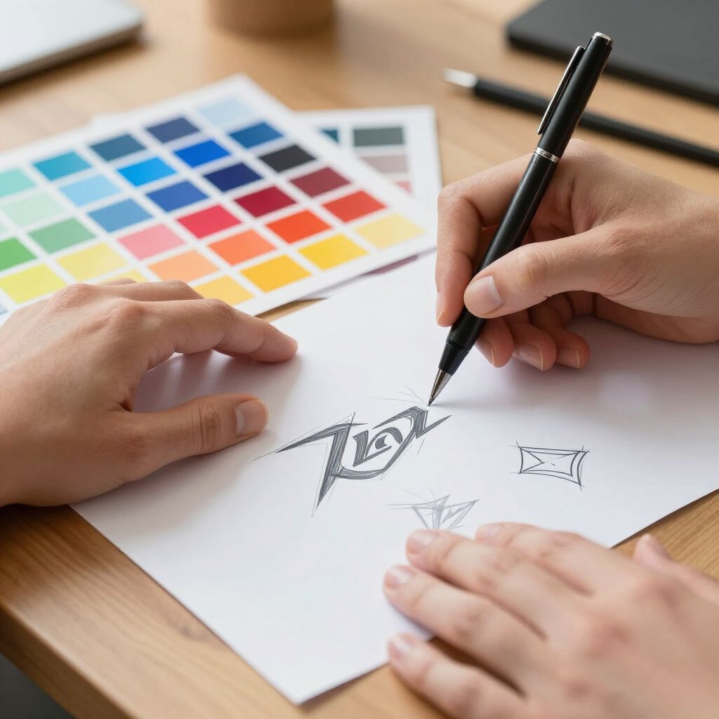 Hands sketching a logo design on paper, with a color palette and pen on a wooden desk.