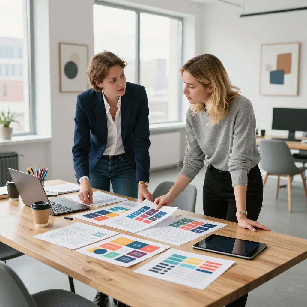 Two women reviewing colorful charts at a wooden desk in an office setting.