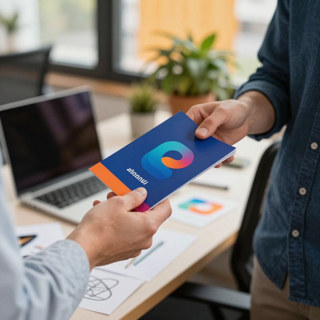 Person handing a brochure with a colorful logo in an office setting.