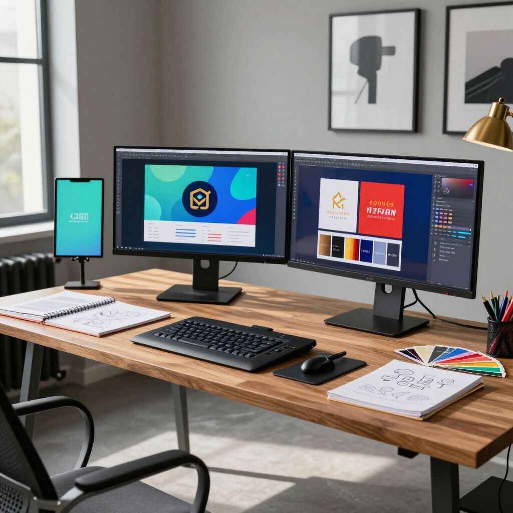 Desk with dual monitors displaying design work, tablet, keyboard, mouse, notebooks, and color swatches.