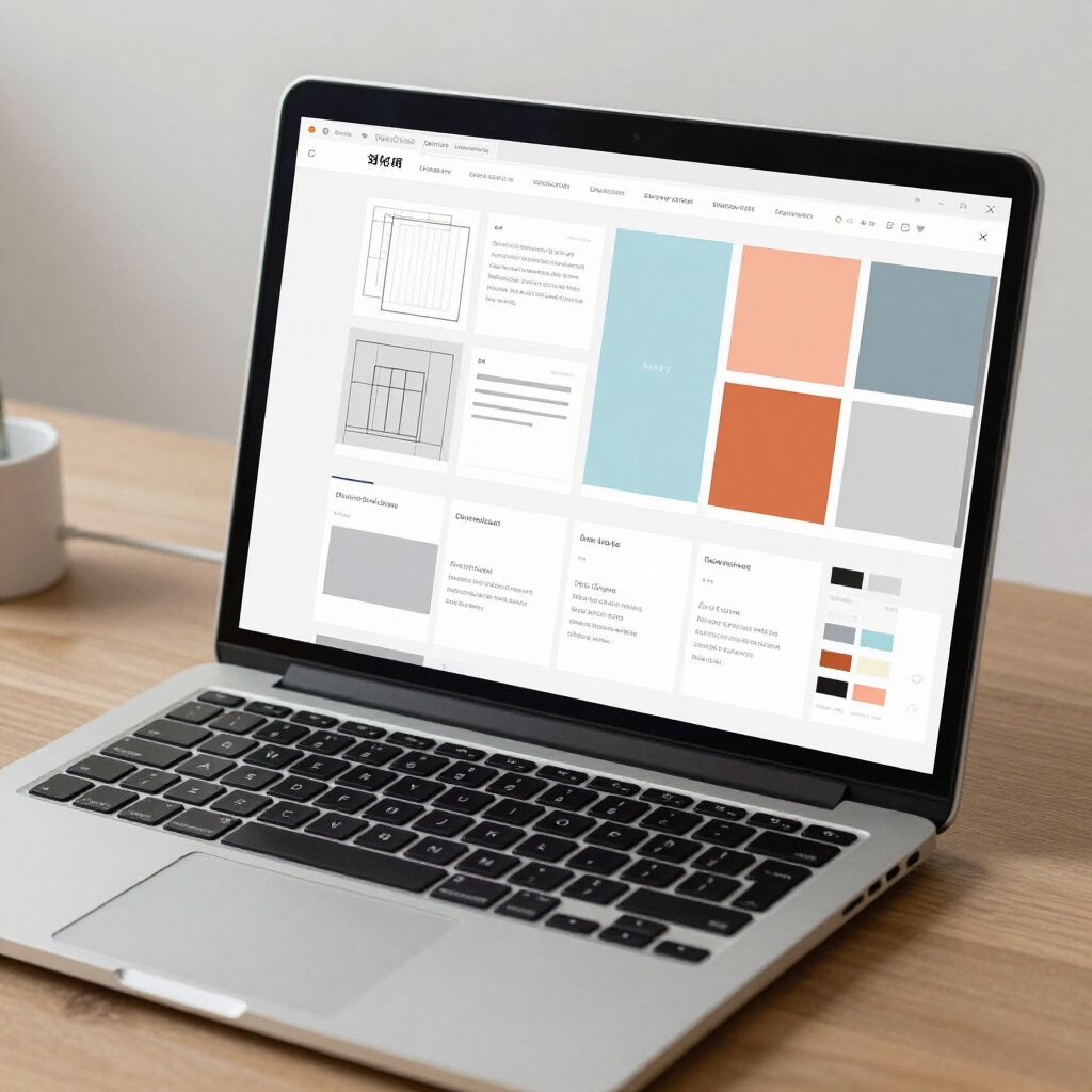 Laptop displaying a website with color palette examples on a wooden desk.