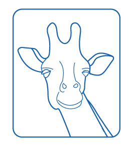 Blue line drawing of a giraffe's head inside a blue-bordered square.