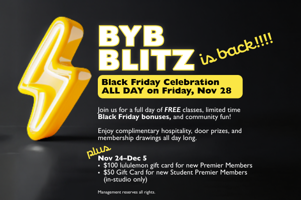 BYB Blitz Black Friday event advertisement. Includes dates, free shares, bonuses, and door prizes.