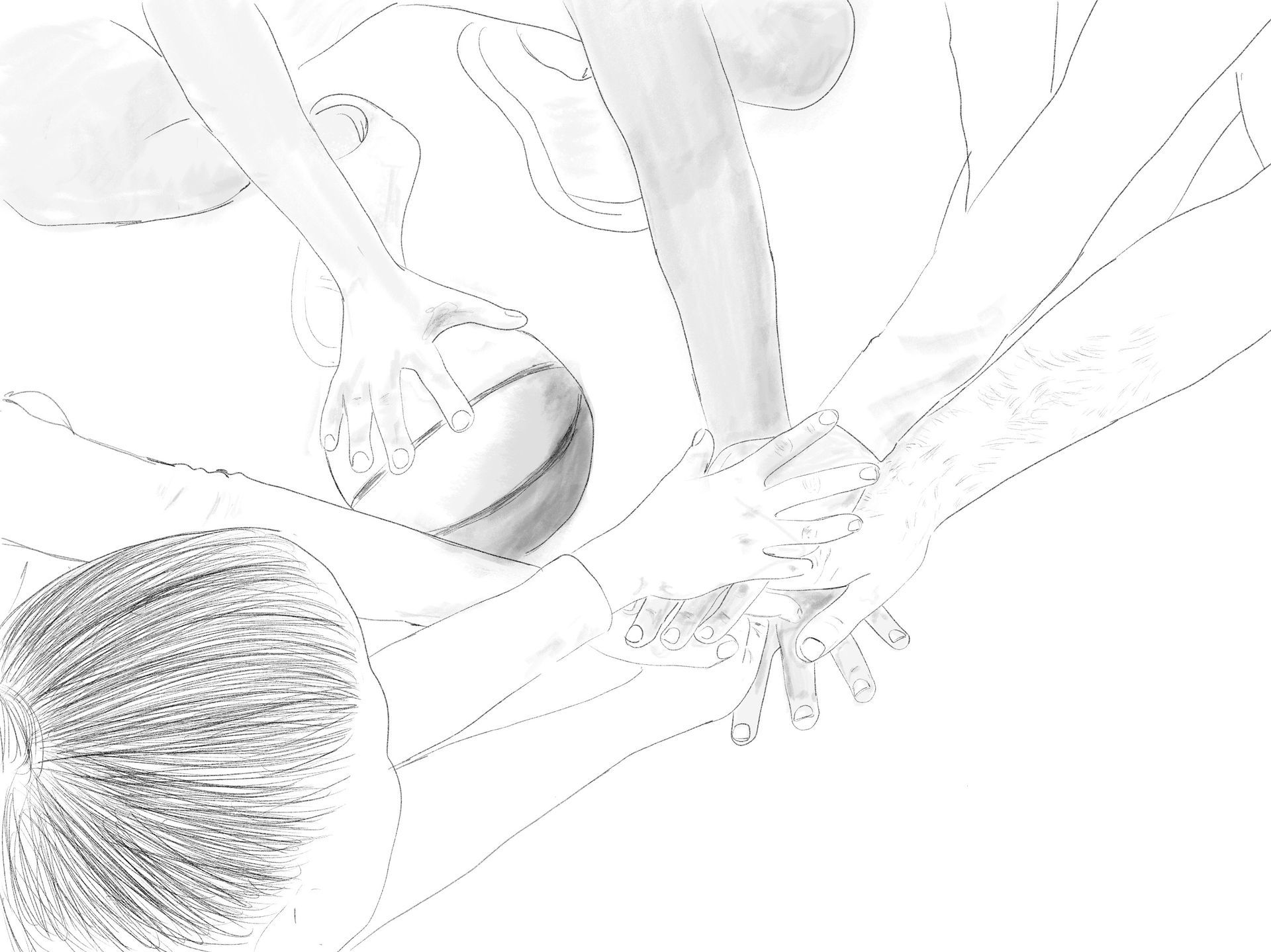 Basketball player dribbles ball, reaching for it with right hand. Black and white sketch.