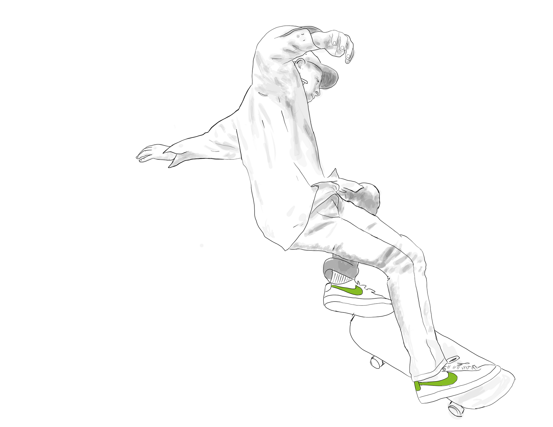 Person wearing a hoodie and shorts skateboarding, green highlights on shoes and board.