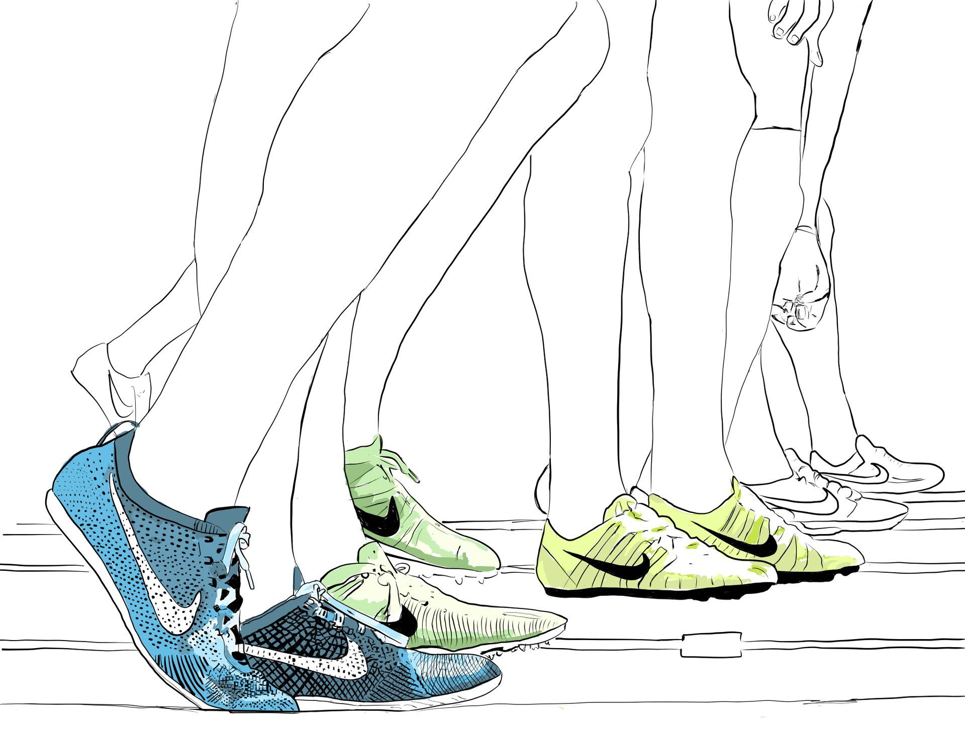 Three pairs of running shoes in motion, blue, green, and yellow, on a track; legs visible.