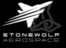 StoneWolf Aerospace logo: White jet plane over a stylized, dark gray letter 