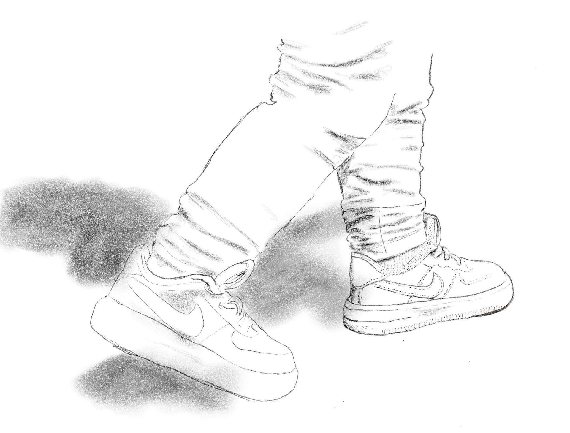 Person's legs in jeans and white Nike Air Force 1 sneakers, walking on a surface, shadow visible.