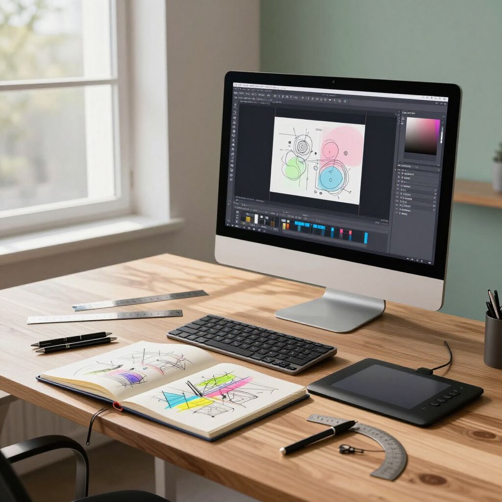 Computer workspace with monitor displaying a design software interface. Sketchbook, keyboard, and drawing tablet on a wooden desk.