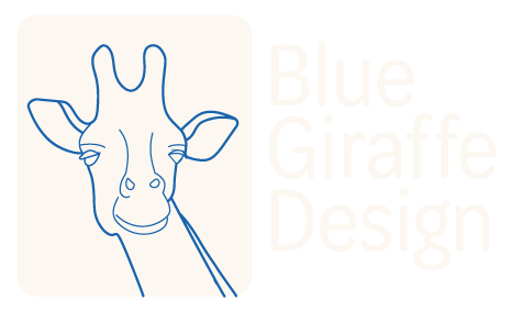 Blue line drawing of a giraffe's head inside a blue-bordered square.