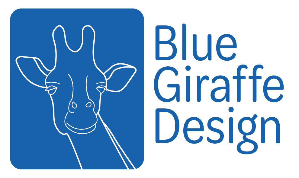 Blue giraffe head in blue square with 