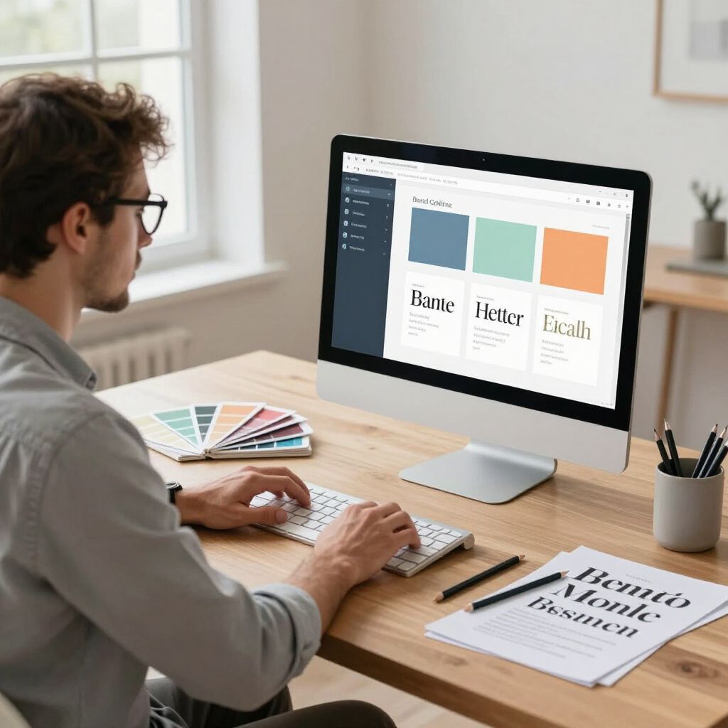 Man at desk, designing on a computer, with color swatches and typography examples.
