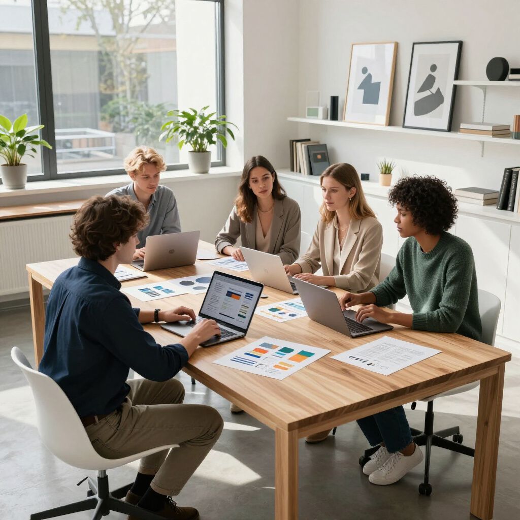 Five people collaborate at a table in an office, laptops open, papers spread. Natural light fills the space.