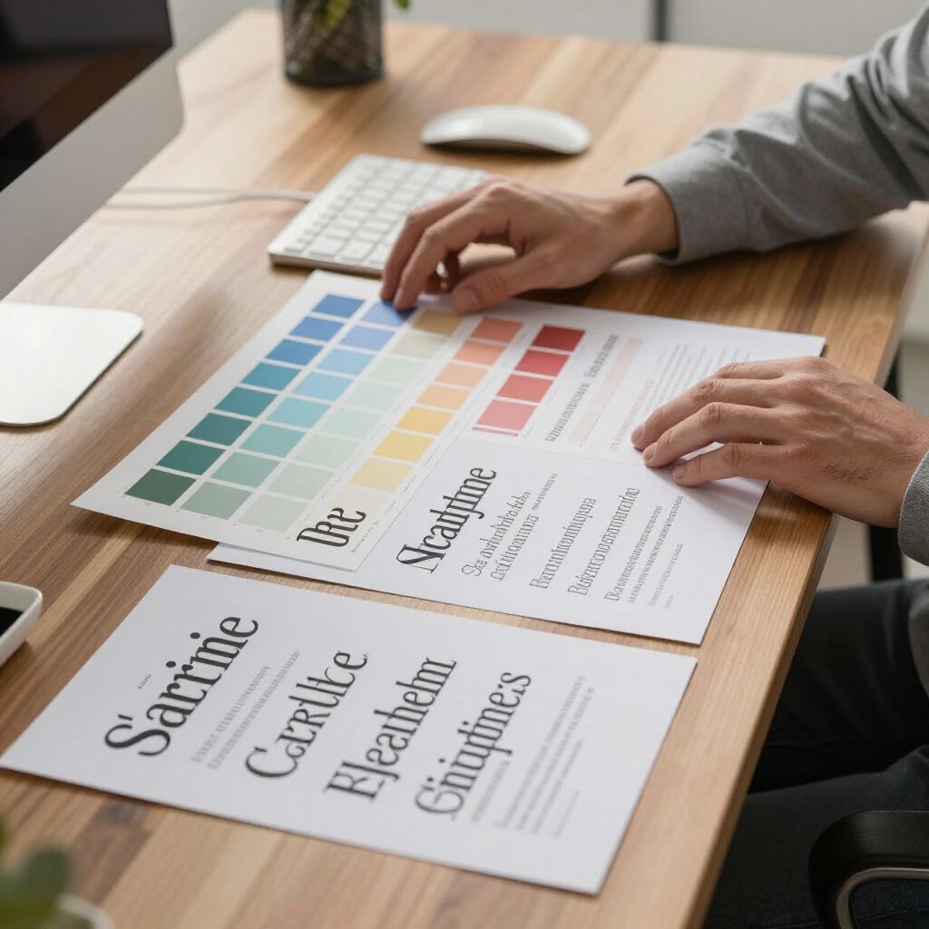 Person selects color from palette while working on typography design at a desk.
